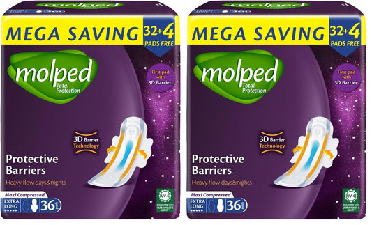Molped Total Protection - Family Pack - Extra Long- 36 Pads (Pack of 2)