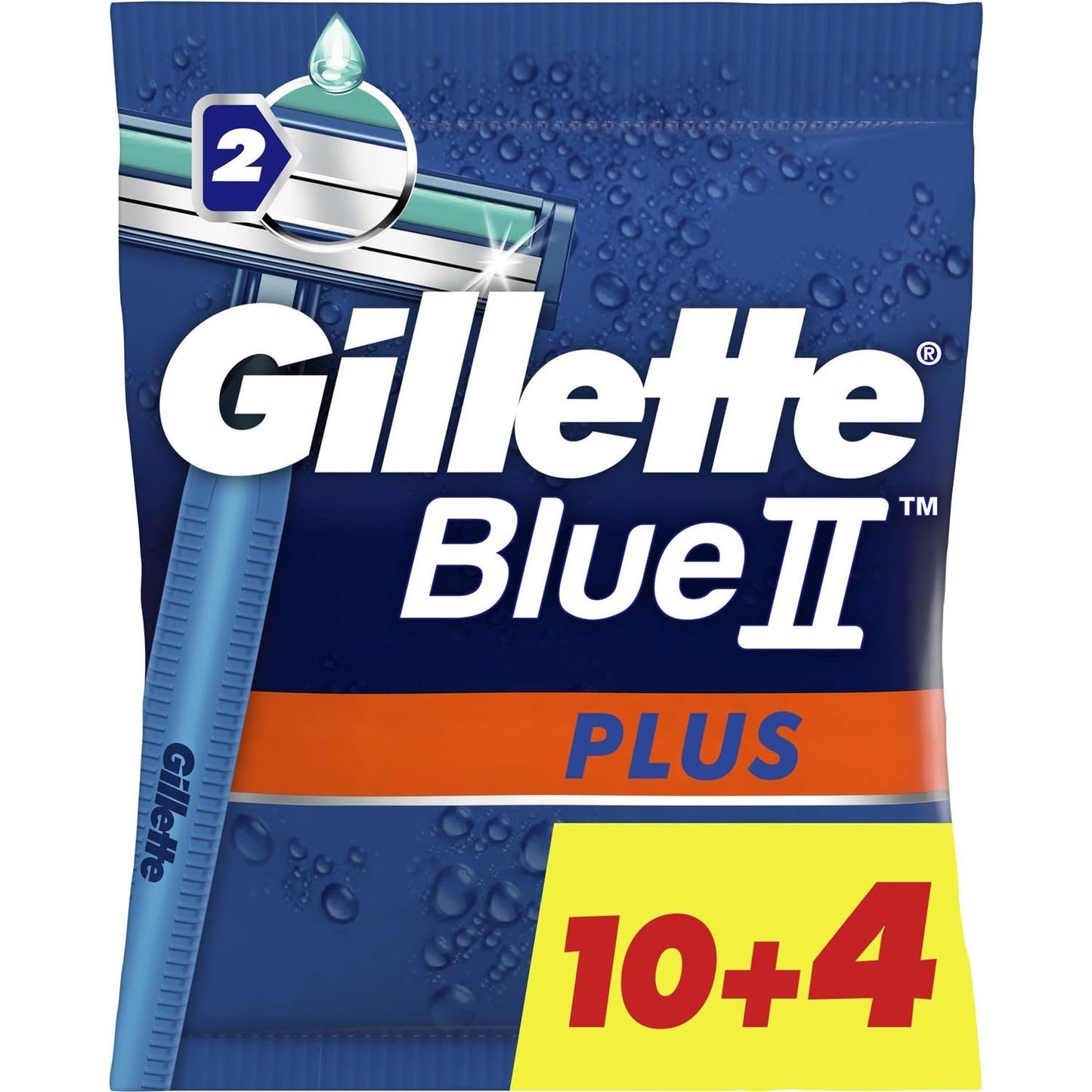 Gillette Blue II Plus Men's Disposable Razors with Lubrastrip and Chromium-Coated Twin Blades for a Smooth Shave, Soft Ultra-Grip Handle (10 + 4 Free), Pack of 14