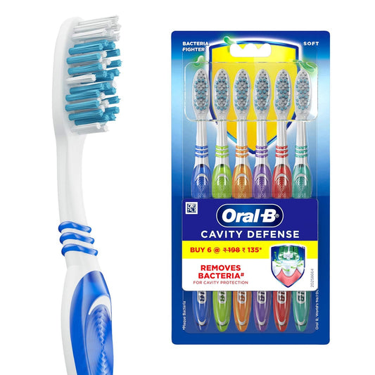 Oral-B Cavity Defense Soft Manual Toothbrush for Adults, Soft Bristles, Removes Bacteria for Cavity Protection, Multicoloured, Oral B Dentist Recommended Brand (Super Saver Family Pack of 6)