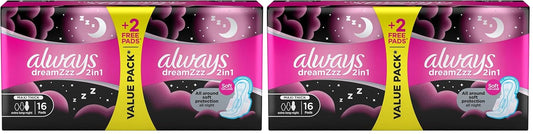 Always Dreamzzz 2in1, Feather Soft, Maxi Thick, Extra Long Sanitary Pads with Wings, 16 Pads (Pack of 2)