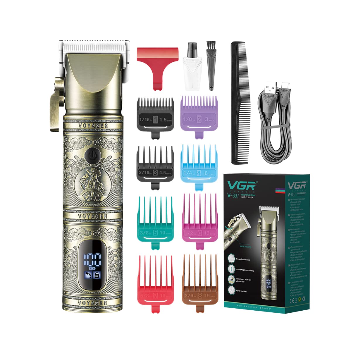 VGR V-697 Salon Series Professional Digital Display Cordless Hair Clipper Electric Hair Cutter Kit Wireless Hair Grooming Trimmers Set Rechargeable Li-ion Battery 2000mAh 200 minutes Runtime