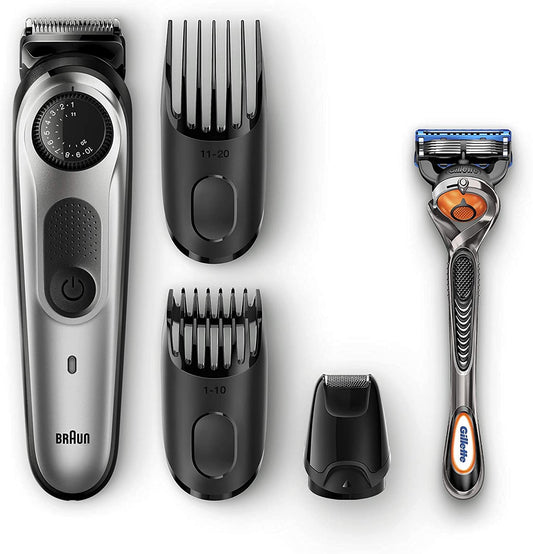 Braun BeardTrimmer BT5065 Beard Trimmer for Face and Hair, Black/Silver with Mini Foil Shaver Attachment, Precision dial, and Gillette Fusion5 ProGlide razor - International Version