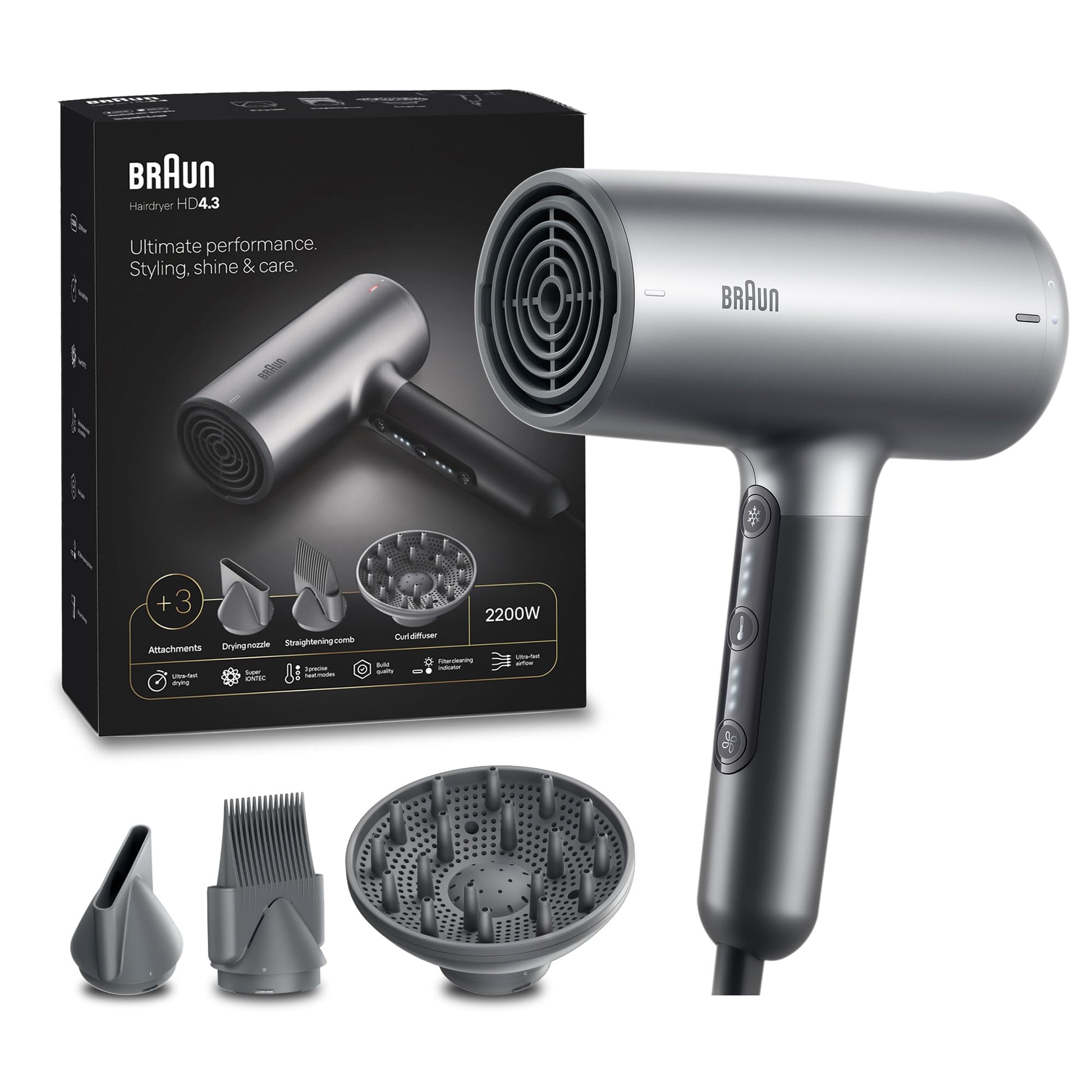 Braun HD 4.3 Super IonTec Hair Dryer BRHD435SDE – 2200 Watts Professional Hair Styling, Ionic Technology, Multiple Heat & Speed Settings, Cool Shot, Diffuser & Styling Nozzle Included – BRHD435E