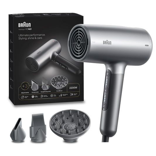 Braun HD 4.3 Super IonTec Hair Dryer BRHD435SDE – 2200 Watts Professional Hair Styling, Ionic Technology, Multiple Heat & Speed Settings, Cool Shot, Diffuser & Styling Nozzle Included – BRHD435E