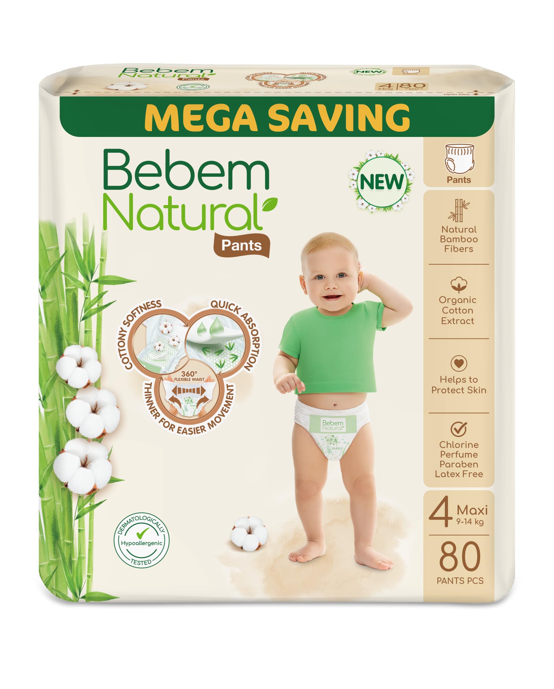 Bebem Natural Baby Diapers Pants Diapers Size 3,6-11 KG, Mega Pack, 80 Units, Organic Cotton & Bamboo Fibers