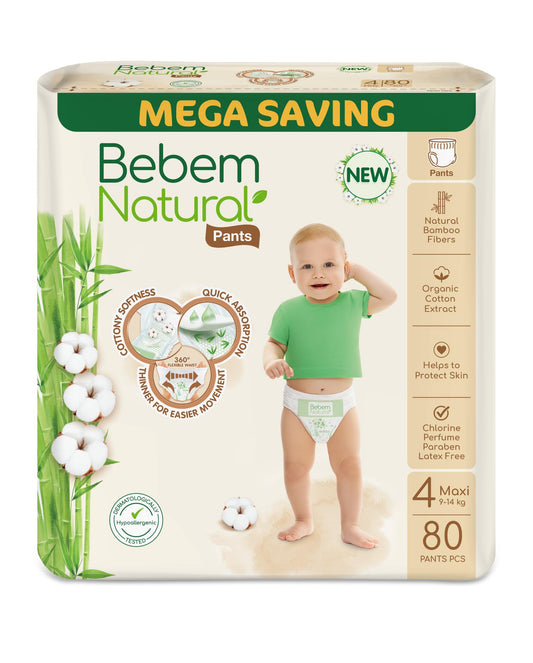 Bebem Natural Baby Diapers Pants Diapers Size 3,6-11 KG, Mega Pack, 80 Units, Organic Cotton & Bamboo Fibers