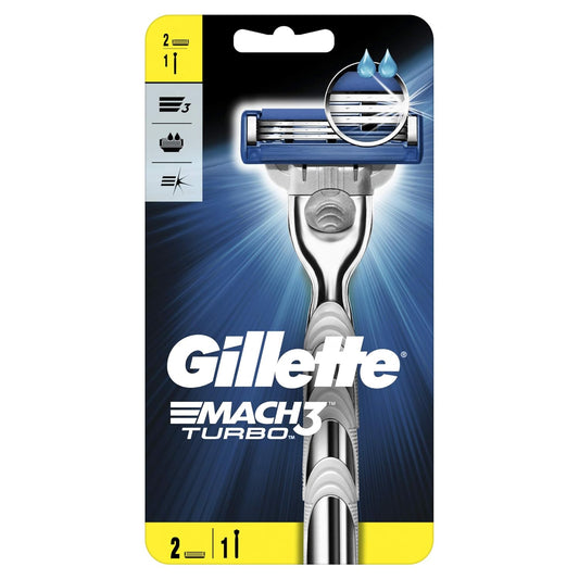 Gillette Mach3 Turbo Razor Handle and 2 Mach 3 Turbo Blade Refills for Men - 2 Pieces