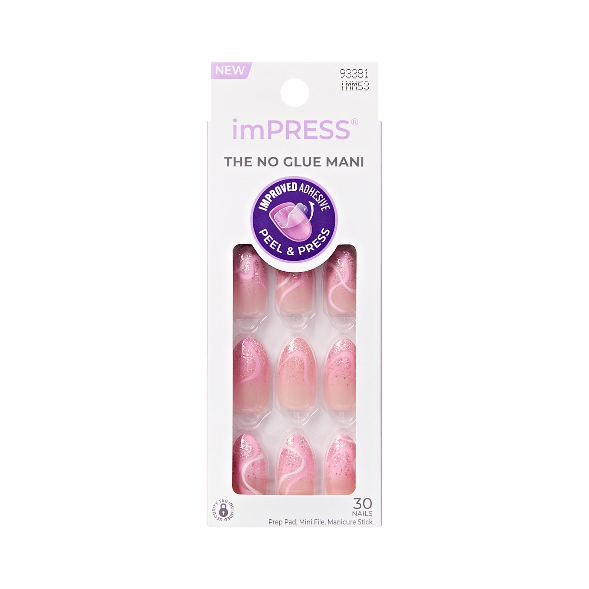 KISS imPRESS No Glue Mani Press On Nails, Design, 'Wild Venus', Pink, Medium, Almond Shape, 30 Nails, Prep Pad, Instructions Sheet, Includes 1 Manicure Stick, 1 Mini File
