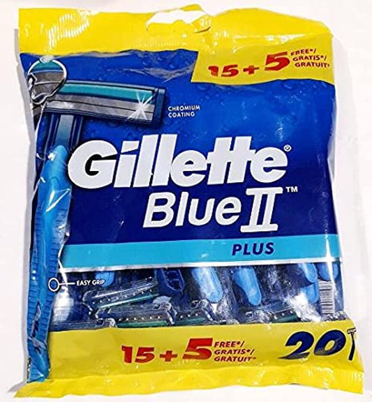 Gillette Blue II Plus Disposable Razor For Men Soft UltraGrip Handle - 20 Pieces