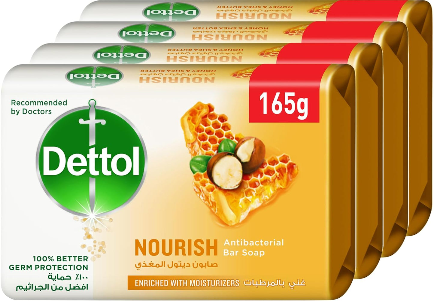 Dettol Nourish Anti-Bacterial Bathing Soap Bar for effective Germ Protection& Personal Hygiene, honey & shea butter fragrance, 165g 4 Pieces