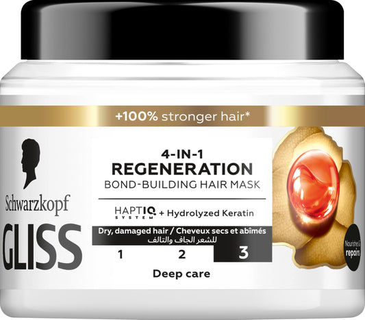 Gliss 4-in-1 Regeneration Bond-Building Hair Mask, 400ml — Regenerate damaged hair with this intensive mask, formulated to restore strength and vibrant health