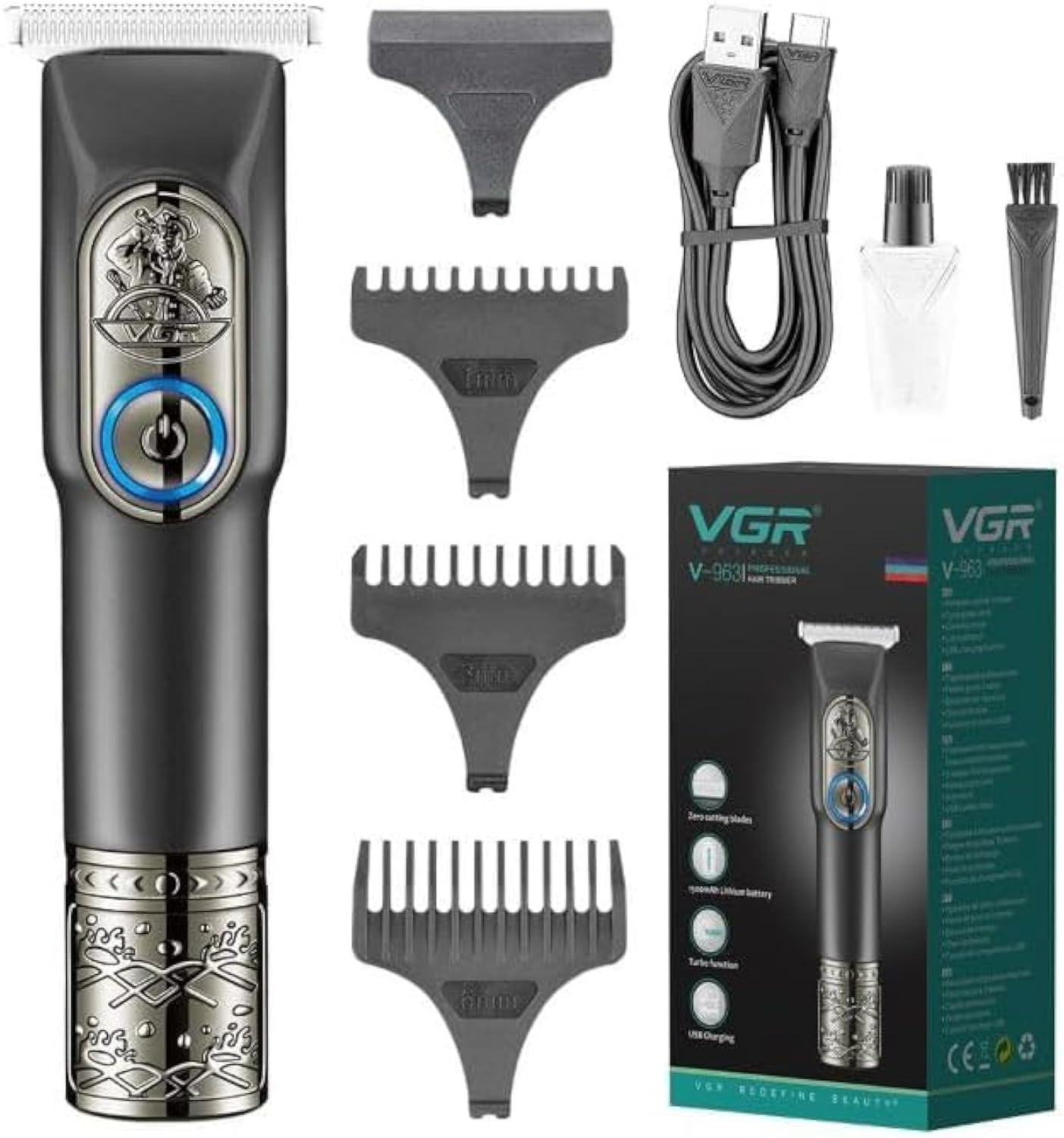 VGR V-963 Professional Rechargeable Cordless Beard Hair Trimmer Kit with Dual Motor, 3 Guide Combs Brush USB Cord for Men, Family or Pets 0mm Bald Head Clipper Runtime: 200 min 1500 mAh Li-ion Battery