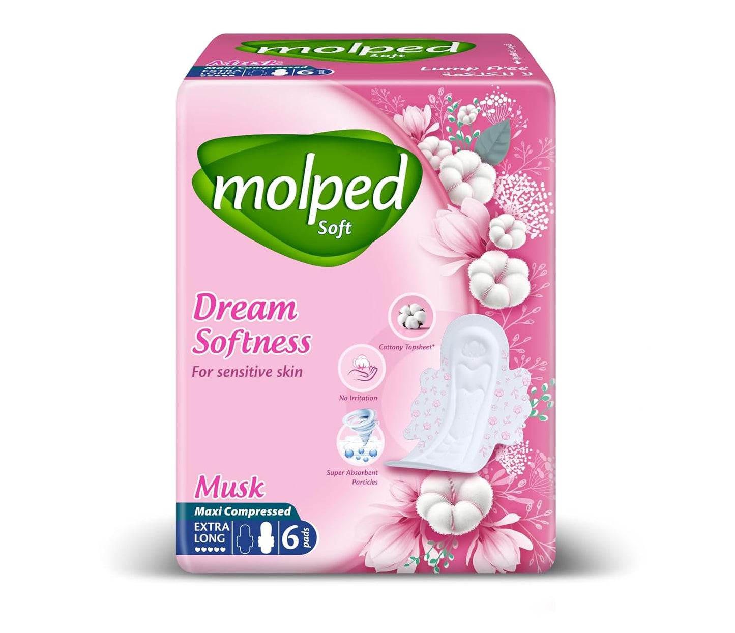 Molped Maxi Pads, Extra Long, Ultra Soft, 6 Count, Single Pack, Wings, Compressed