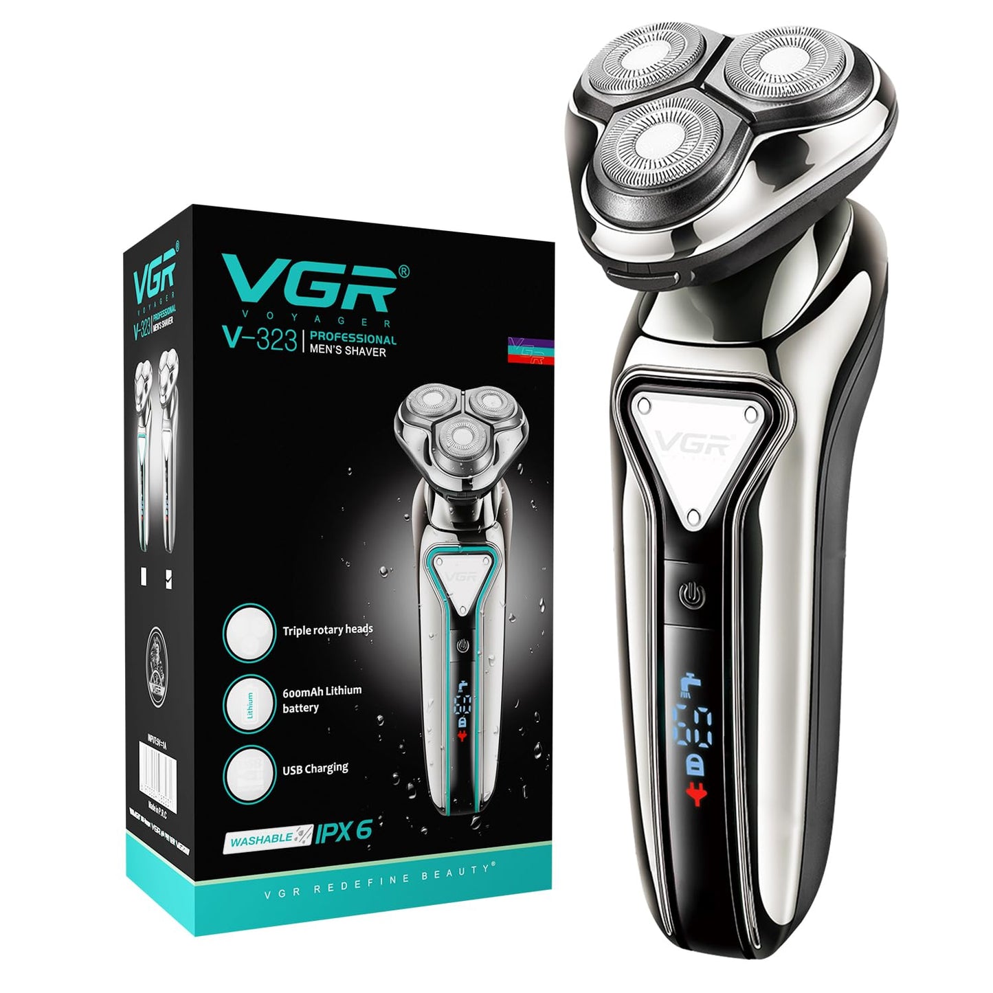 VGR V-323 Professional Men's Shaver | Cordless Rechargeable IPX6 Fully Waterproof Triple Rotary Head Electric Shaver Runtime 60 minutes | Electric Shaver for Men’s