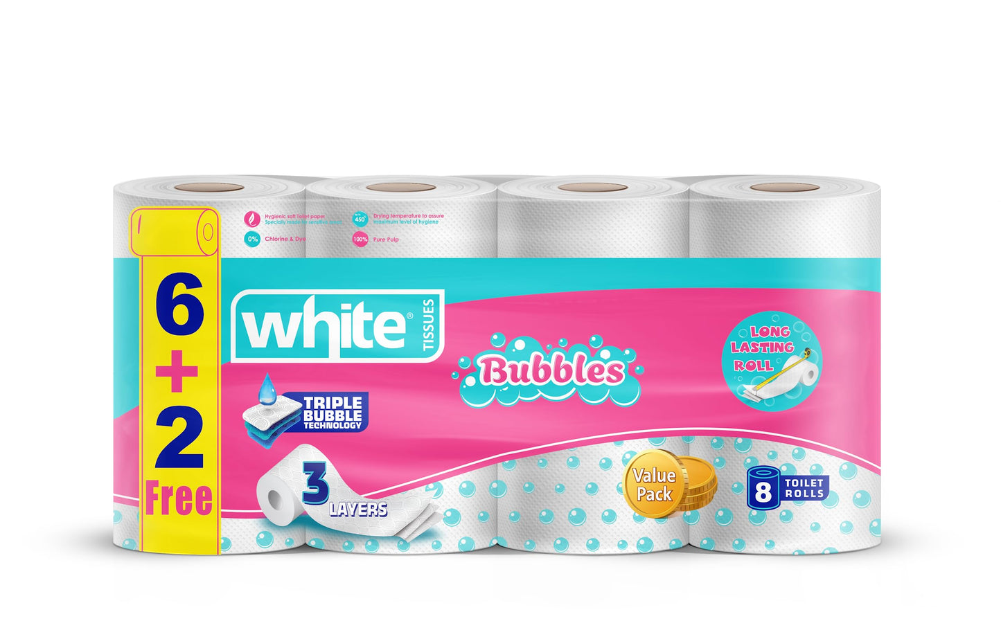 White Bubbles Toilet Paper - 8 Rolls, 3Ply; Ultra Soft, Strong, and Highly Absorbent Tissue