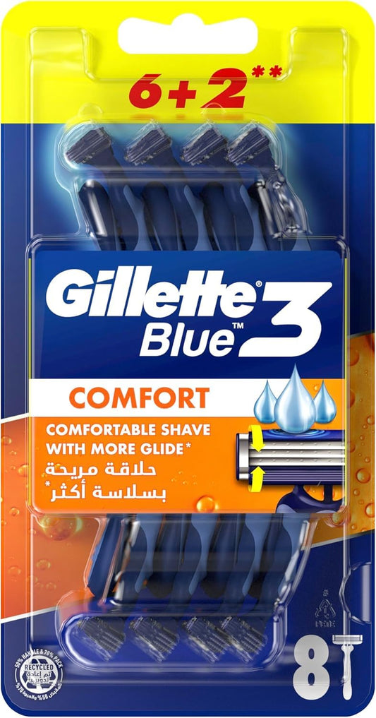 Gillette Blue 3 Disposable Razors with Comfort Gel for Men 6+2 – 8 Pieces