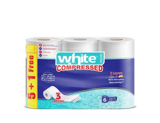 White compressed toilet rolls, 3 ply, 6 rolls