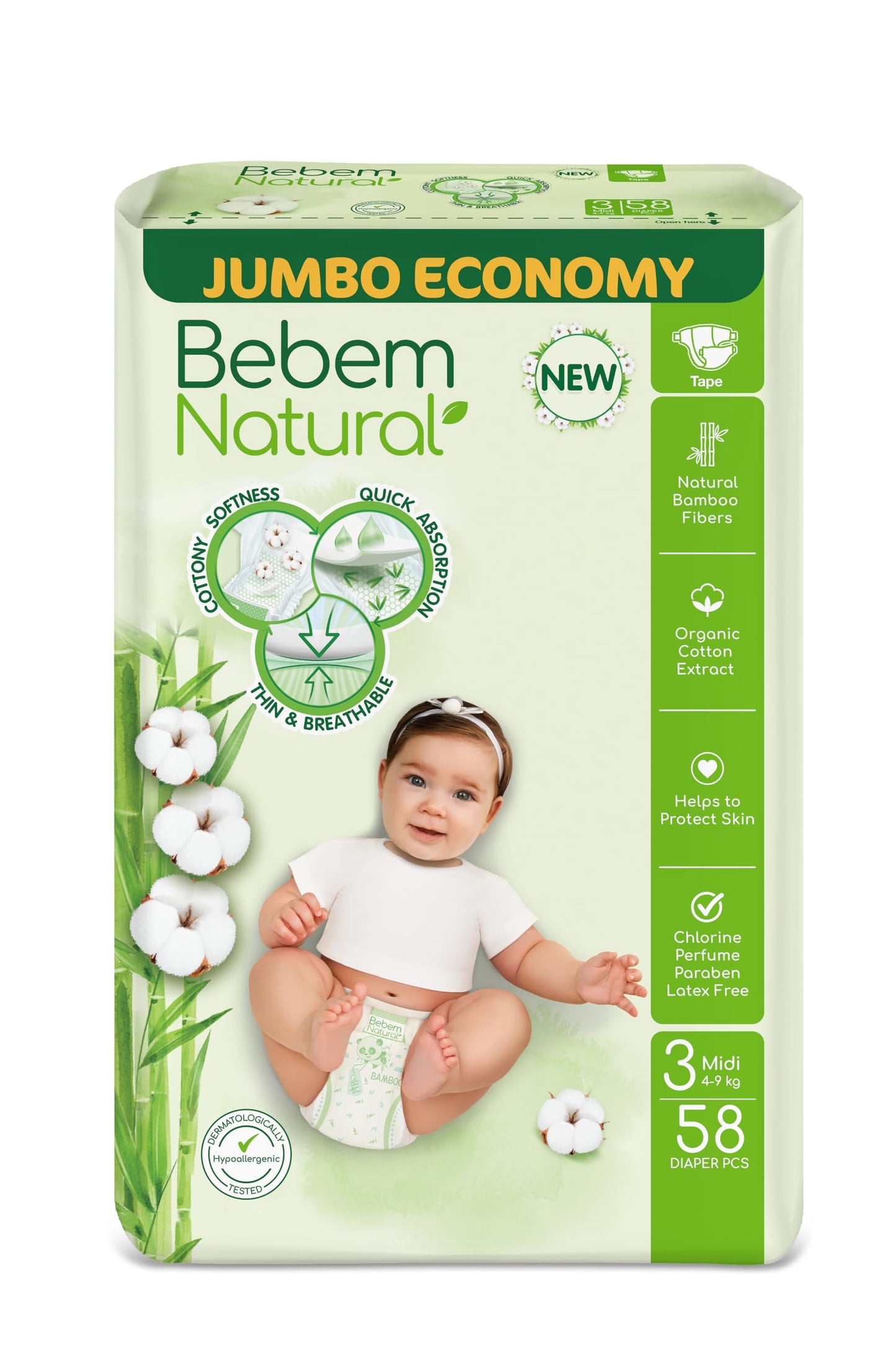 Bebem Natural Baby Diapers Open Diapers Size 2,3-6KG, Jumbo Pack, 58 Units, Organic Cotton & Bamboo Fibers