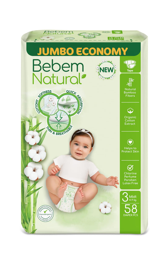 Bebem Natural Baby Diapers Open Diapers Size 2,3-6KG, Jumbo Pack, 58 Units, Organic Cotton & Bamboo Fibers