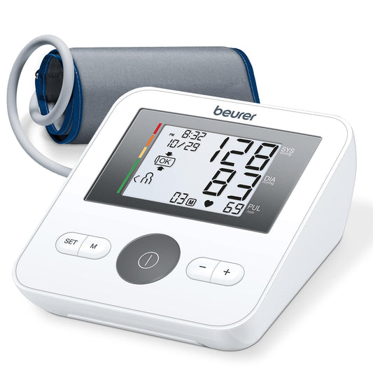 Beurer BM27 Upper Arm Blood Pressure Monitor for Home Use with Automatic Adjustable Cuff, 120 Memory Sets, Irregular Heart Rate Detection, Risk Indicator, and Storage Bag