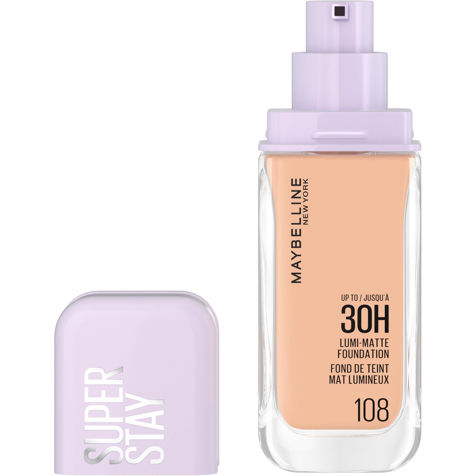 MAYBELLINE New York, Super Stay Lumi-Matte Liquid Foundation, 30hr Longwear formula, Light as Air, Waterproof, Sweatproof, Luminous Matte Finish - 108