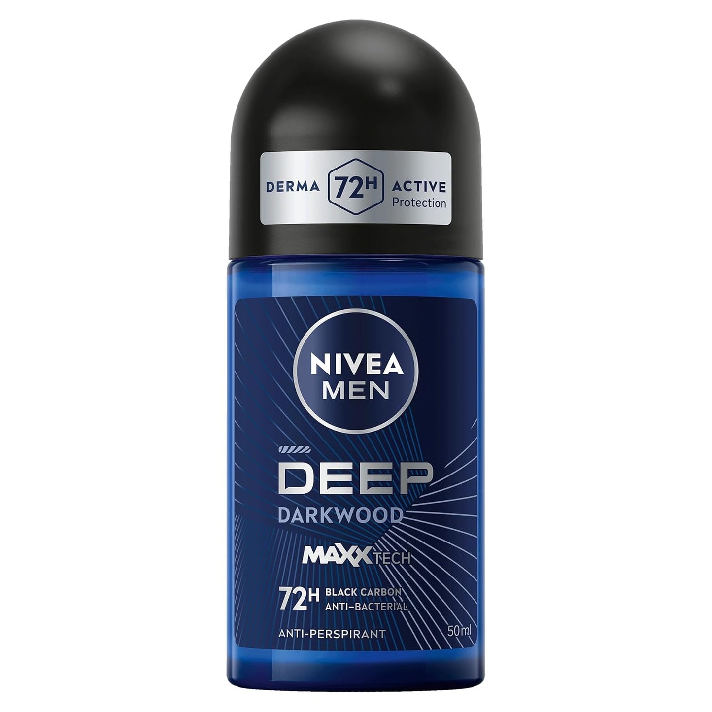 NIVEA MEN Antiperspirant Roll-on for Men, DEEP Black Carbon Antibacterial, Dark Wood Scent, 50ml