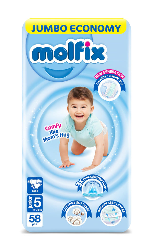 Molfix Baby Diapers, 58 Pieces, Size 5, 3D Technology