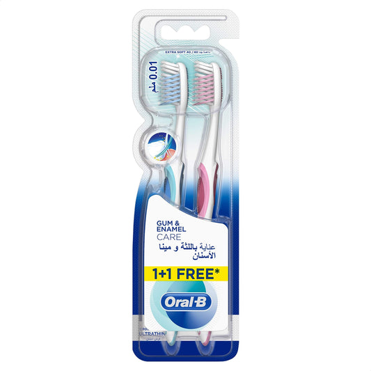 Oral-B Gum and Enamel Care Ultrathin Extra Soft 40 Manual Toothbrush, 1 + 1 Free – Multi Color – Packaging May Vary – Pack of 2
