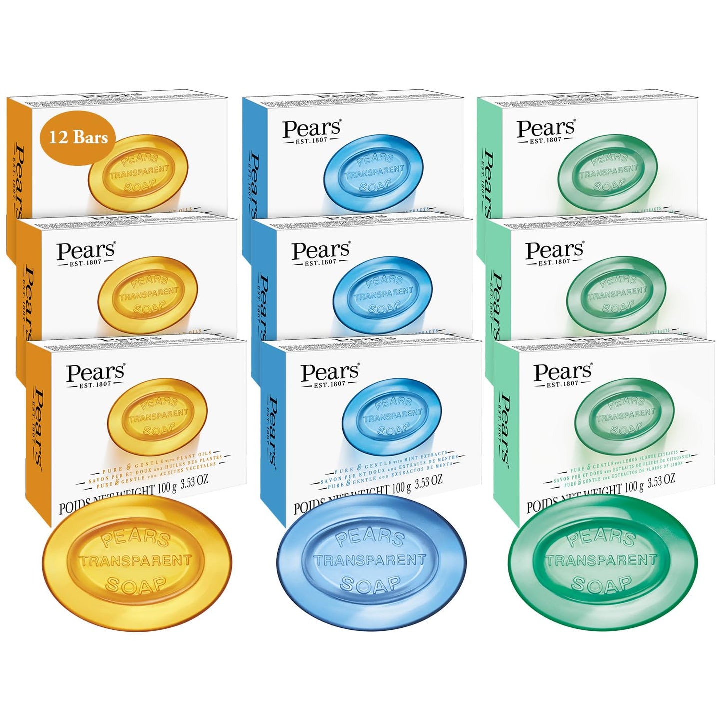 Pears Pear s Bar Soap Variety Pack 12 Mint Extract Lemon & Original