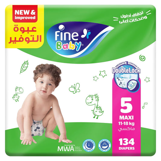 Fine Diapers Size 5 (11-18 kg) Maxi, 134 diaper count – super saver bundle