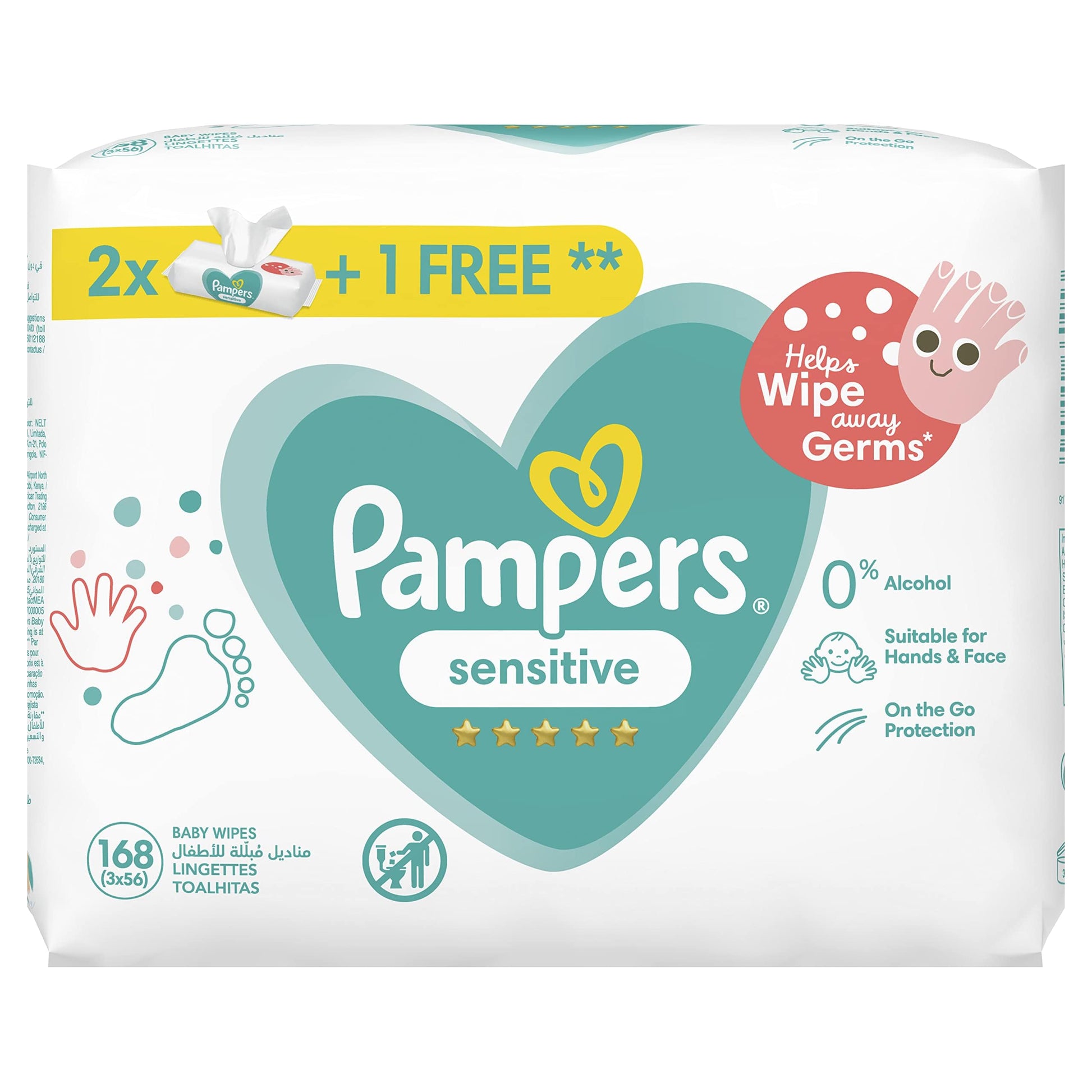 Pampers Sensitive Protect Baby Wipes, Zero Alcohol & Perfume, 2+1 Packs, 168 Wipe Count