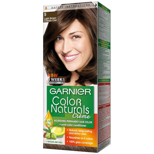 Garnier Color Naturals Permanent Crème Hair Color - 5 Light Brown ( bottle of developer 60ml) + (tube of hair colorant 40ml) (sachet of post color conditioner 12ml )