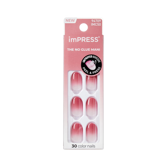 KISS imPRESS Press On Nails 'Beat The Heat' Pink Short Oval Shape Patented Strong Adhesive Nail Glue, No Chip, No Smudge, 30 False Nails Self Adhesive