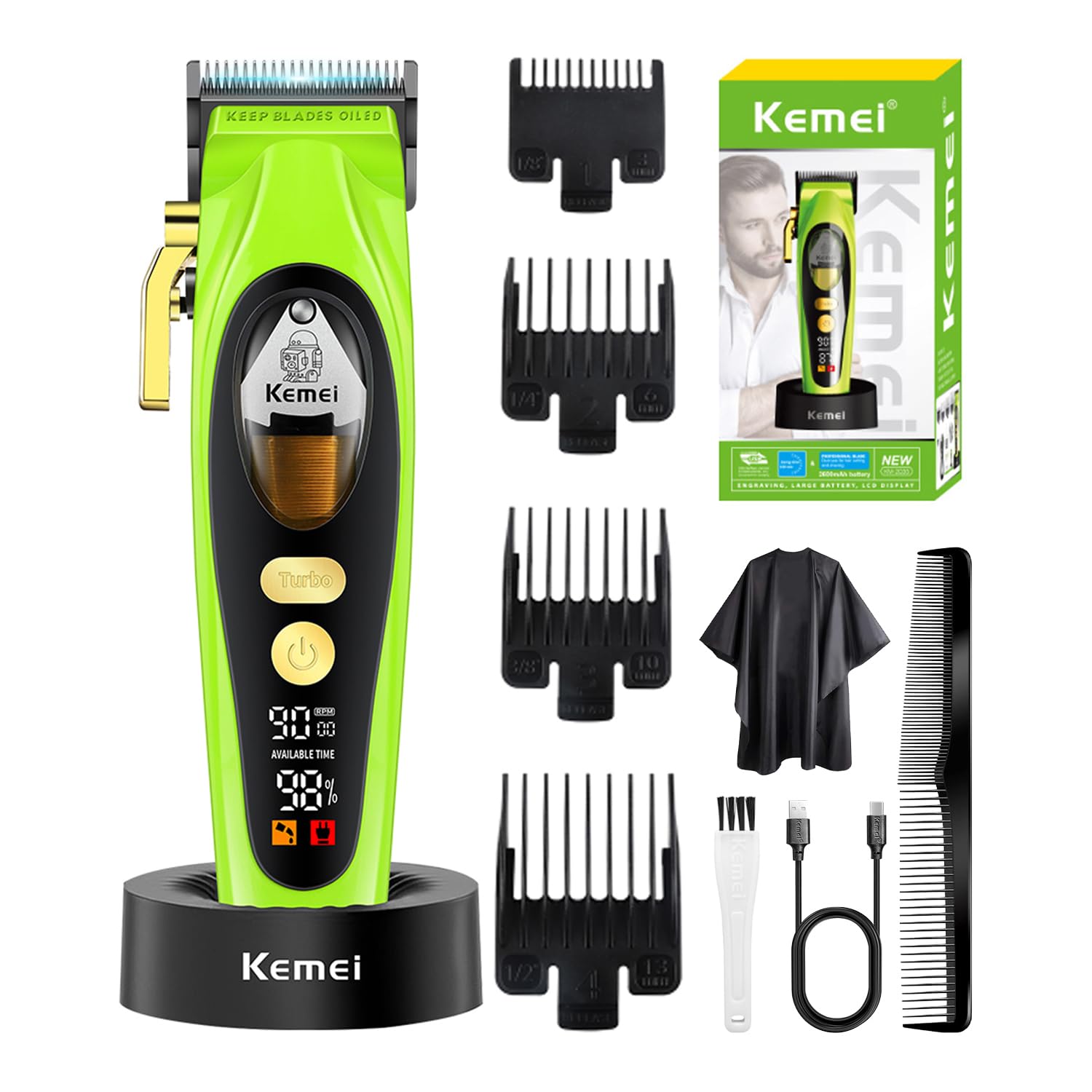 KEMEI 2035 Professional Hair Trimmer for Men, Wireless DLC Blades Hair Trimmer with Lever, LED Display, Electric USB Rechargeable Contours Hairdresser Hair Trimmer