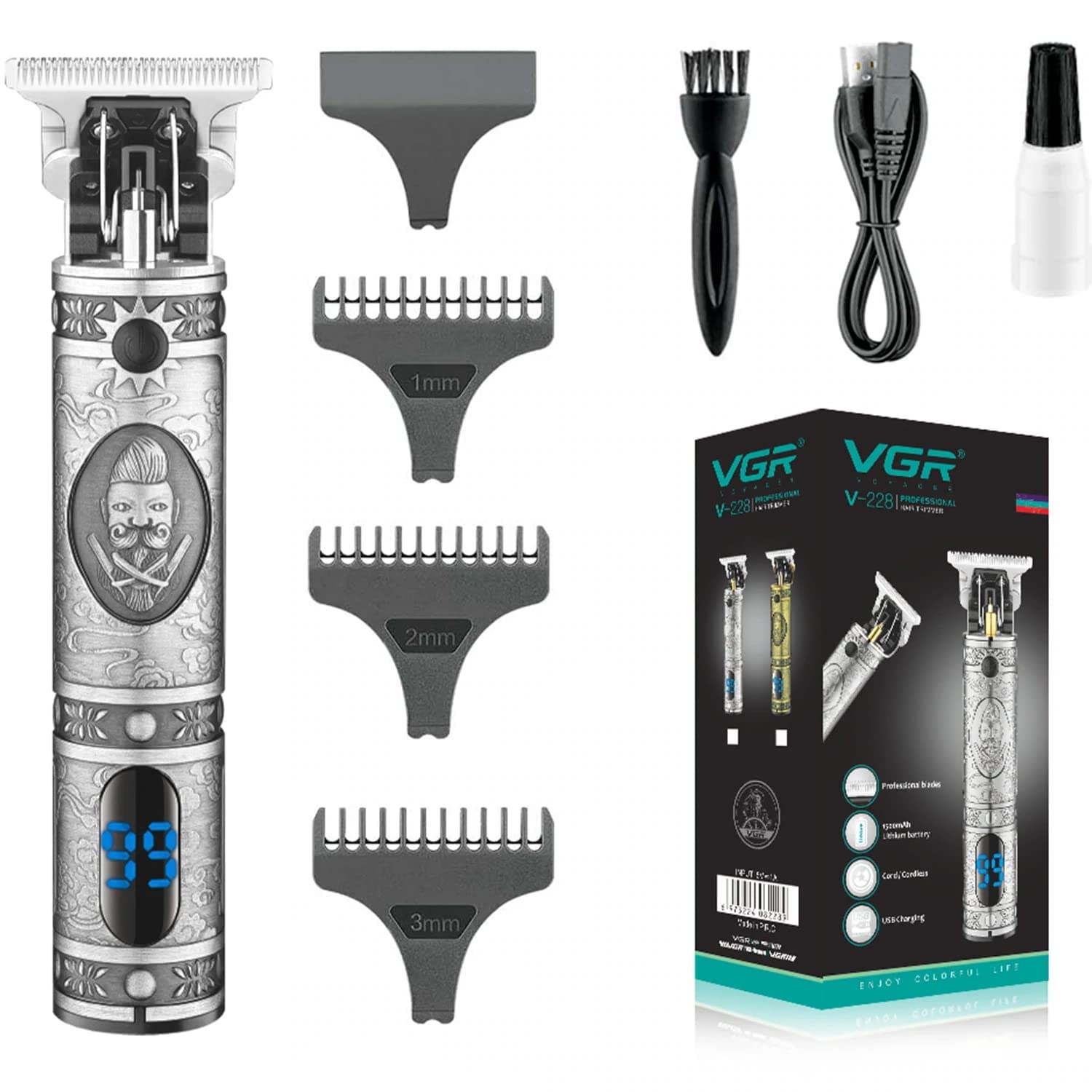 VGR V-228 Professional Hair Clipper with LED display Runtime: 180 min Trimmer for Men (Silver)