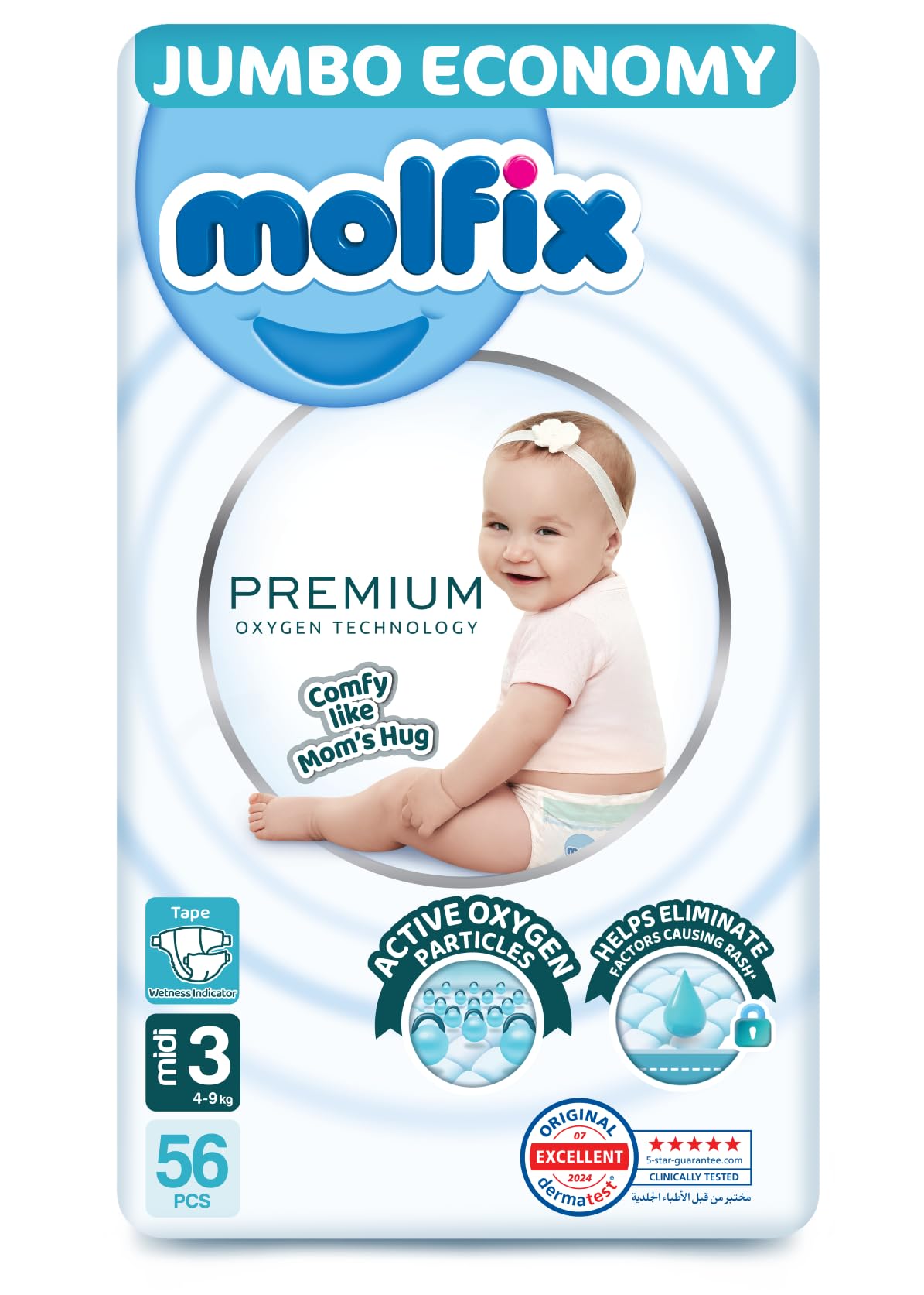 Molfix Baby Diapers Open Size 3, Jumbo Pack, 4-9 KG, 56 Units, Molfix Premium Oxygen Open Diapers, Size 3, 4-9 KG, Jumbo 56 count, Cotton Material