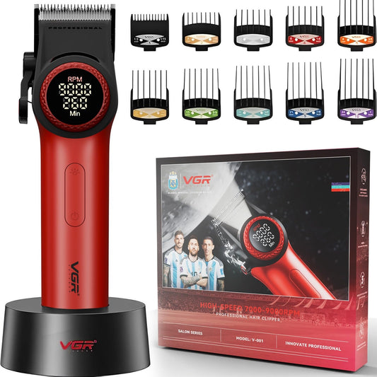 VGR V-001 Professional Salon Quality Hair Clipper | 9000 RPM High-Power DC Motor, 300 Min Runtime, DLC Diamond-Coated Blade, LED Display & Light | Taper Lever & 15 Length Settings, Red