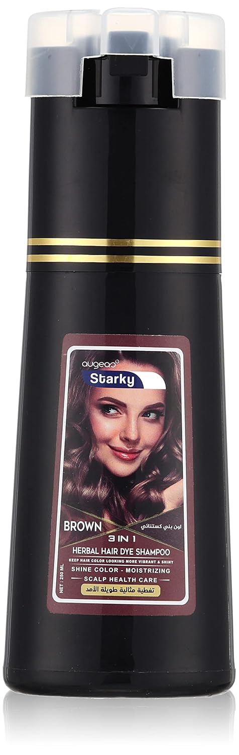 Starky herbal hair dye shampoo 3 in1 brown shine color,moisturizing,scalp health care ultra long lasting (b20) color brown-250ml