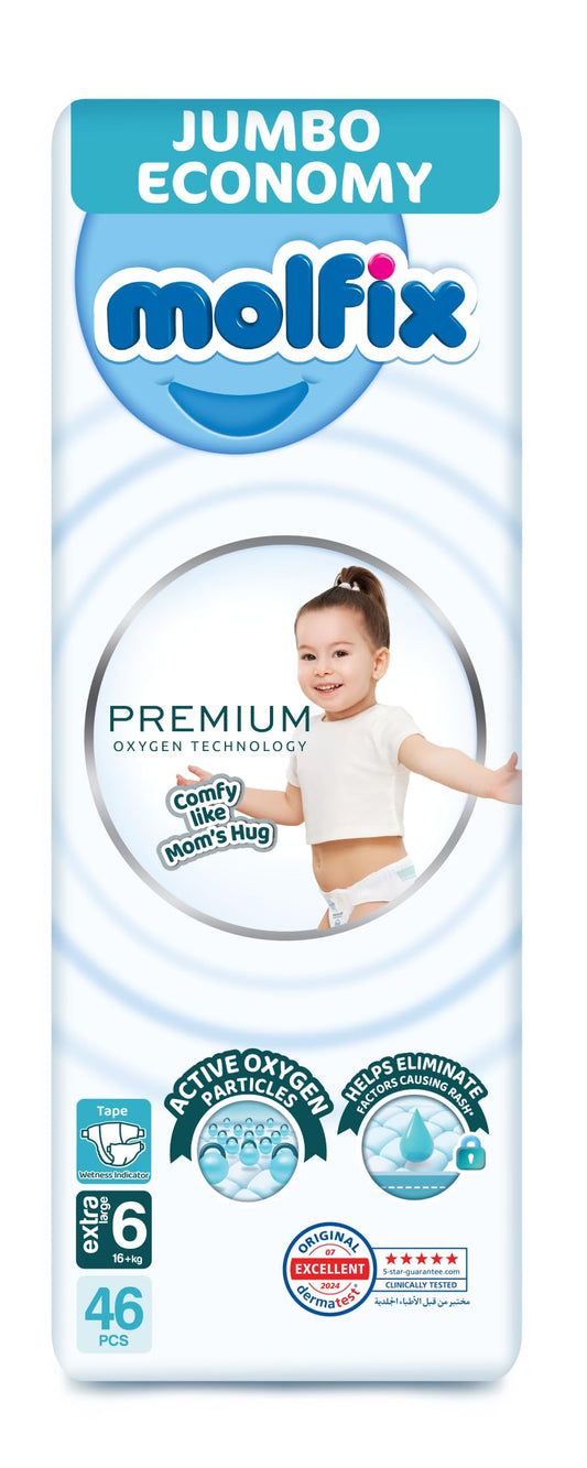 Molfix Baby Diapers Open Size 6, Jumbo Pack, 16+ KG, 46 Units, Molfix Premium Oxygen Open Diapers, Size 6, 16+ KG, Jumbo 46 count, Cotton Material