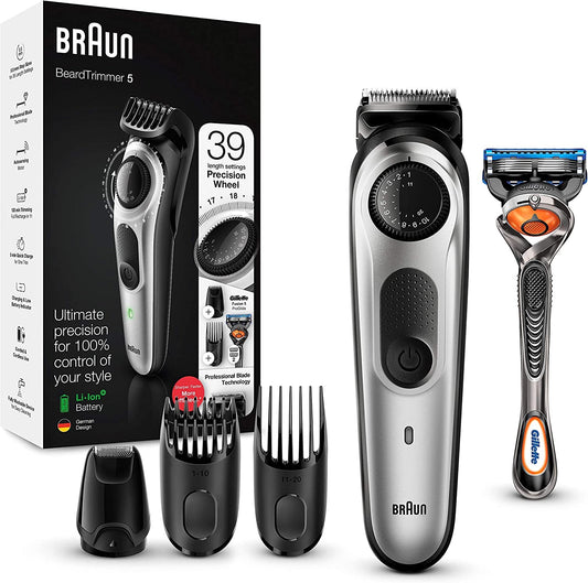 Braun Beard Trimmer 5 for Face and Hair, Black/Silver with precision dial, and Gillette Fusion5 ProGlide razor, BT5265