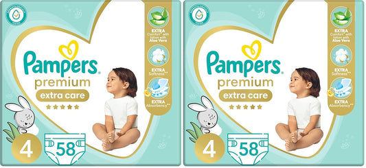 Pampers Premium EXTRA CARE Taped Diapers, Size 4, 9-18 kg, with Lotion with Aloe Vera, 58 Baby Diapers (Pack of 2)
