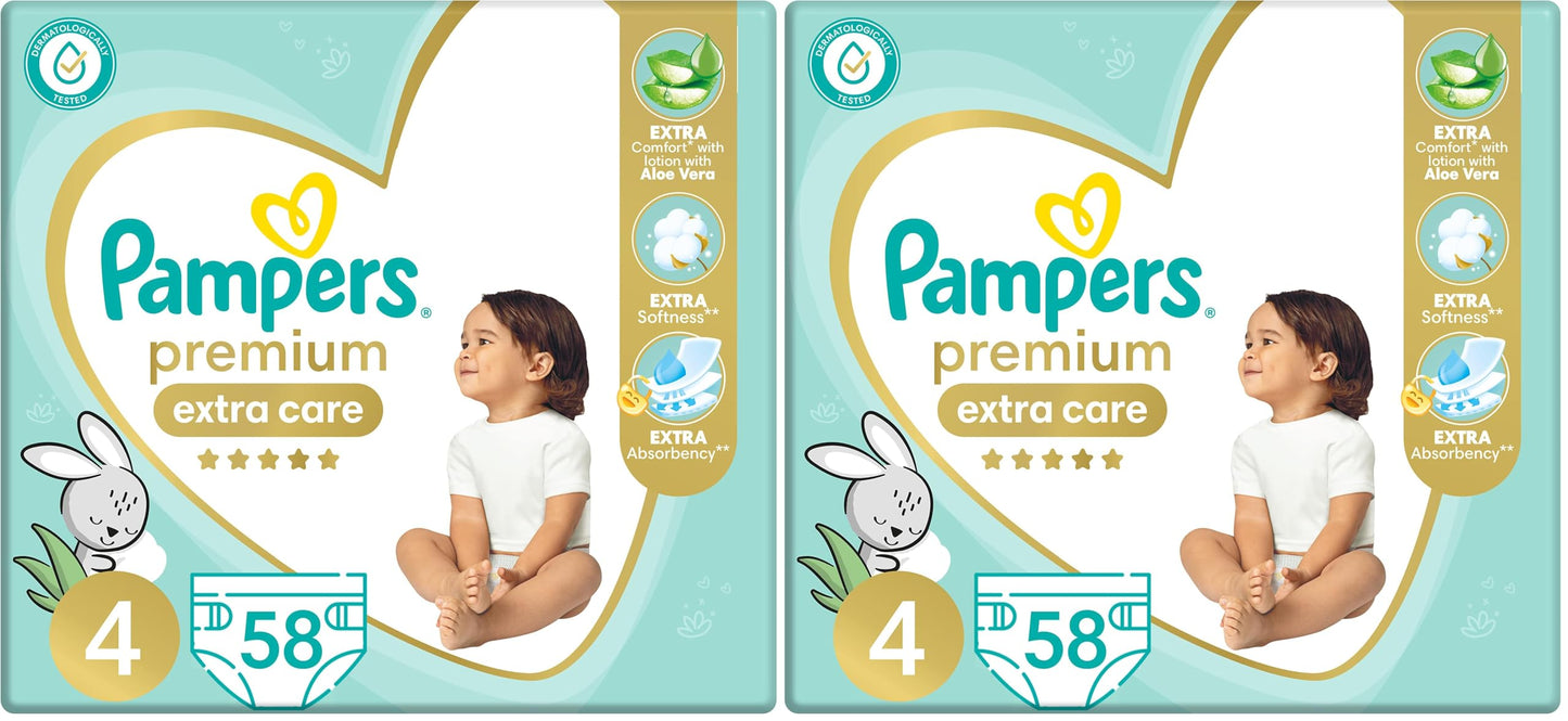 Pampers Premium EXTRA CARE Taped Diapers, Size 4, 9-18 kg, with Lotion with Aloe Vera, 58 Baby Diapers (Pack of 2)