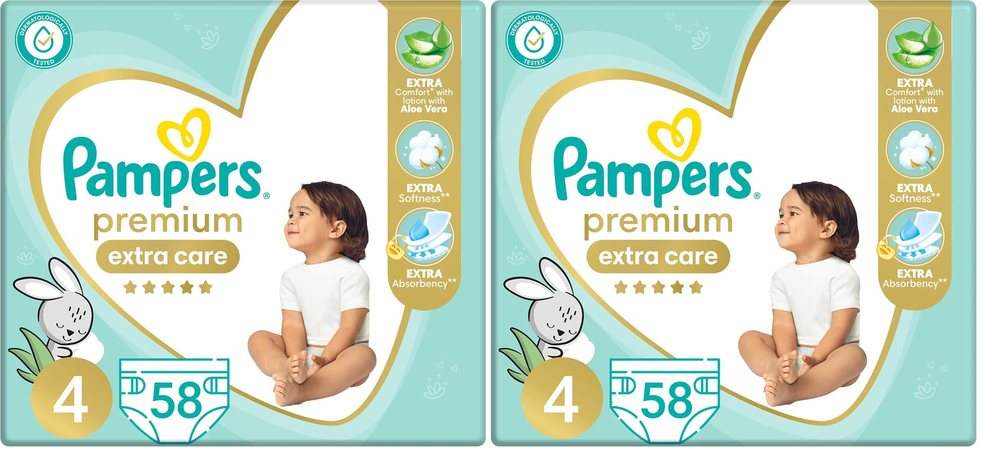 Pampers Premium EXTRA CARE Taped Diapers, Size 4, 9-18 kg, with Lotion with Aloe Vera, 58 Baby Diapers (Pack of 2)