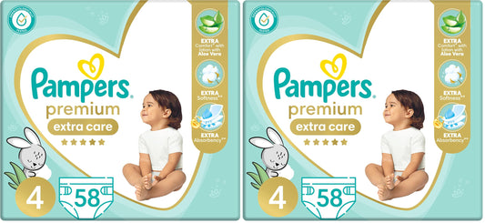 Pampers Premium EXTRA CARE Taped Diapers, Size 4, 9-18 kg, with Lotion with Aloe Vera, 58 Baby Diapers (Pack of 2)