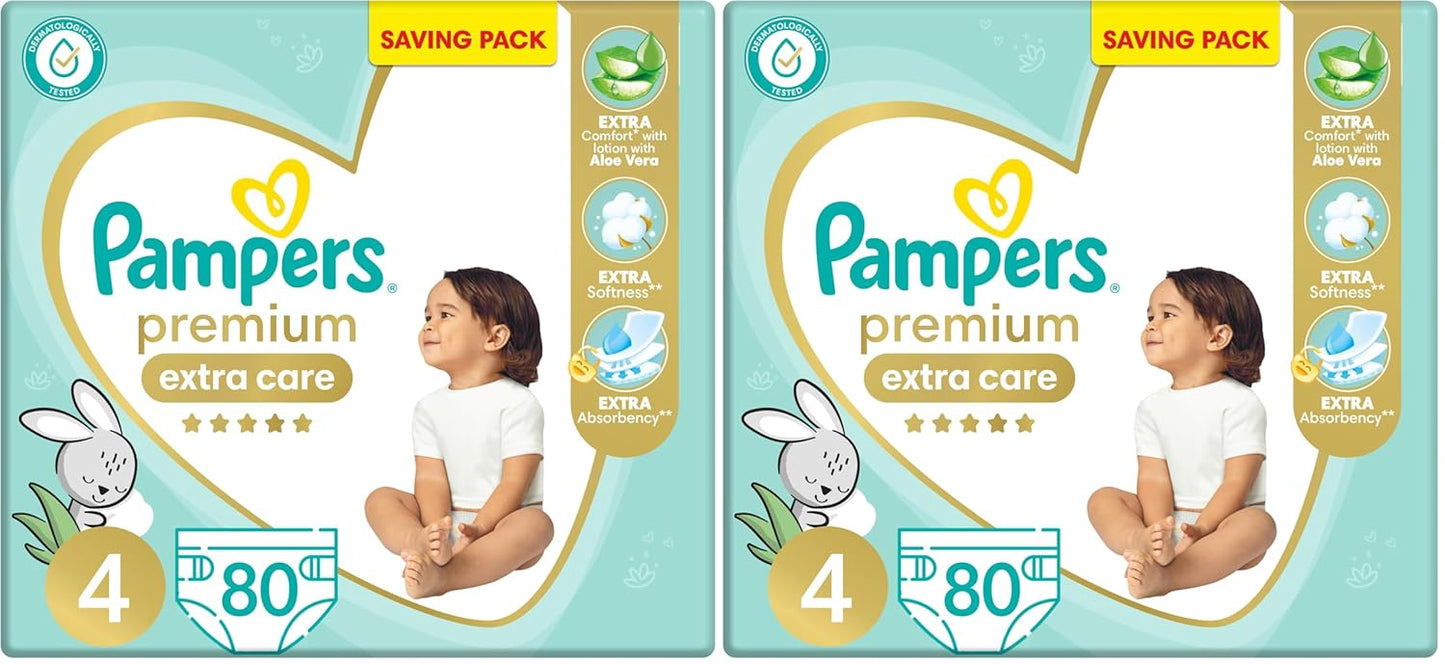 Pampers Premium EXTRA CARE Taped Diapers, Size 4, 9-18 kg, with Lotion with Aloe Vera, Saving Pack, 80 Baby Diapers (Pack of 2)