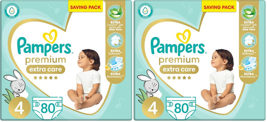 Pampers Premium EXTRA CARE Taped Diapers, Size 4, 9-18 kg, with Lotion with Aloe Vera, Saving Pack, 80 Baby Diapers (Pack of 2)
