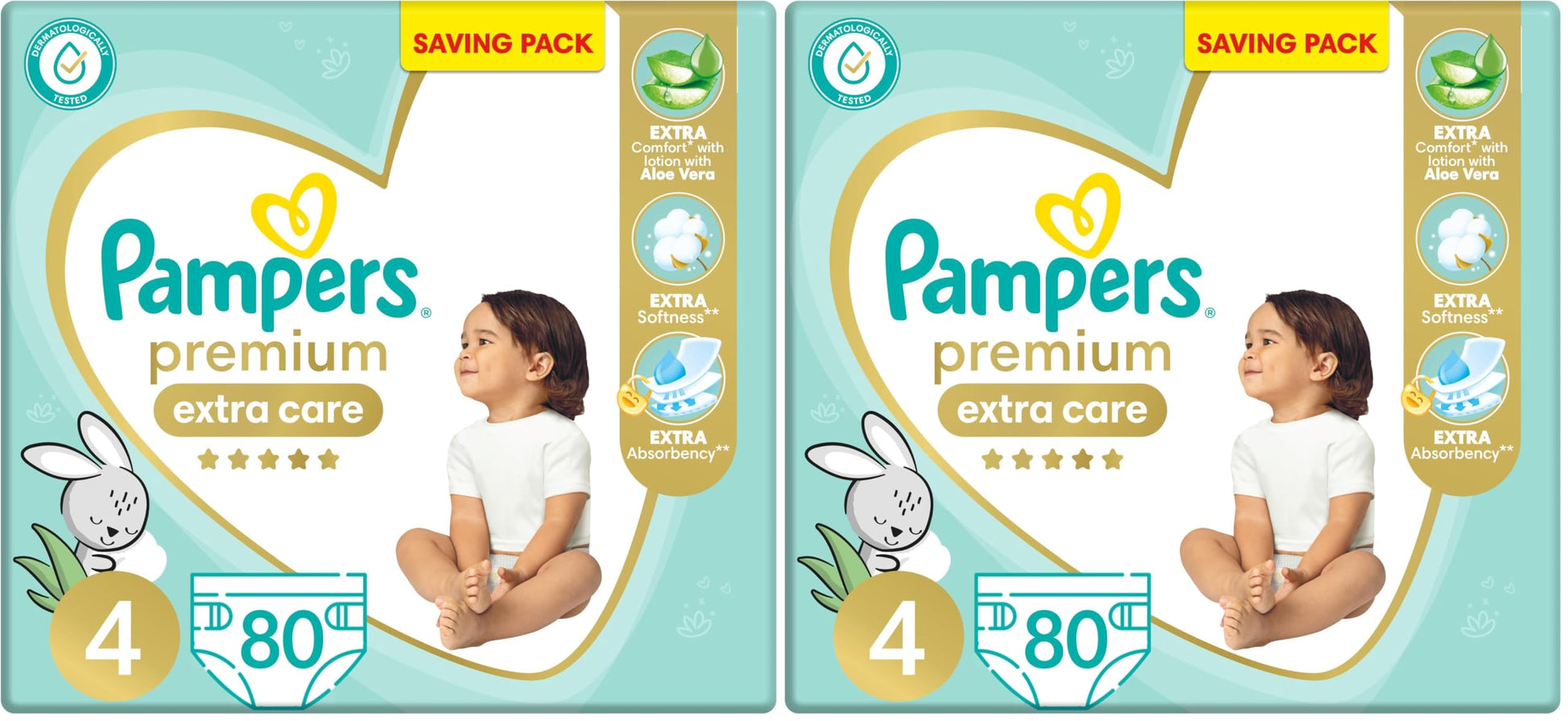 Pampers Premium EXTRA CARE Taped Diapers, Size 4, 9-18 kg, with Lotion with Aloe Vera, Saving Pack, 80 Baby Diapers (Pack of 2)