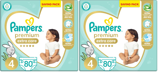 Pampers Premium EXTRA CARE Taped Diapers, Size 4, 9-18 kg, with Lotion with Aloe Vera, Saving Pack, 80 Baby Diapers (Pack of 2)