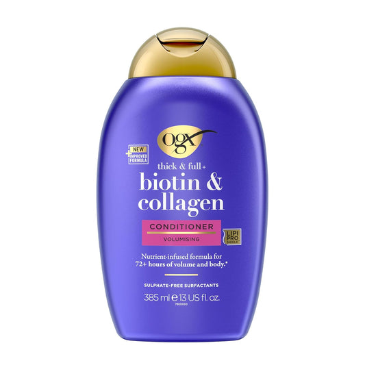 OGX Biotin & Collagen Conditioner (385 ml), Rich Hair Conditioner for 72h+ Volume & Fullness with Biotin & Collagen, Hair Care Volume Conditioner for Fine & Thin Hair with LipiPro Shield Technology