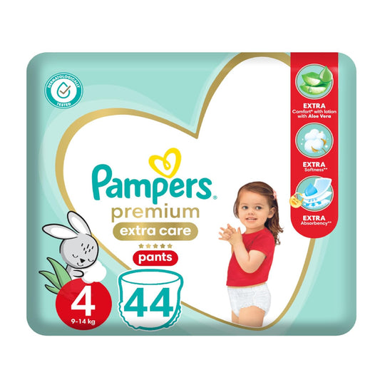 Pampers Premium Extra Care Pants, Size 4, 9-14kg, with lotion with aloe vera, 44 diapers. (Pack may vary)